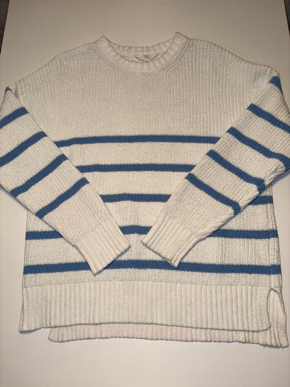 Women’s White Crewneck Sweater with Blue Stripes